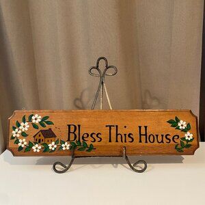 Vintage Wooden "Bless‎ This House" Hand-Painted Hanging Sign 23”x5.5”